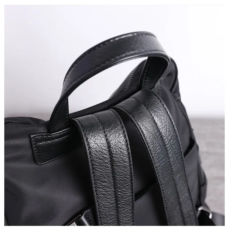 Black Nylon Leather Satchel Rucksack Womens School Backpacks Bag Nylon Leather Travel Rucksack for Ladies
