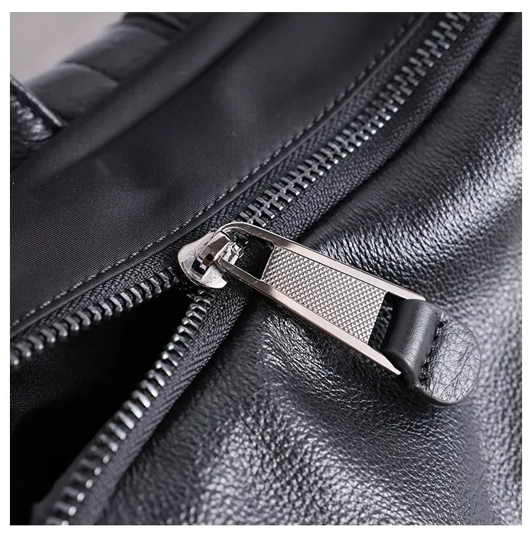 Black Nylon Leather Satchel Rucksack Womens School Backpacks Bag Nylon Leather Travel Rucksack for Ladies