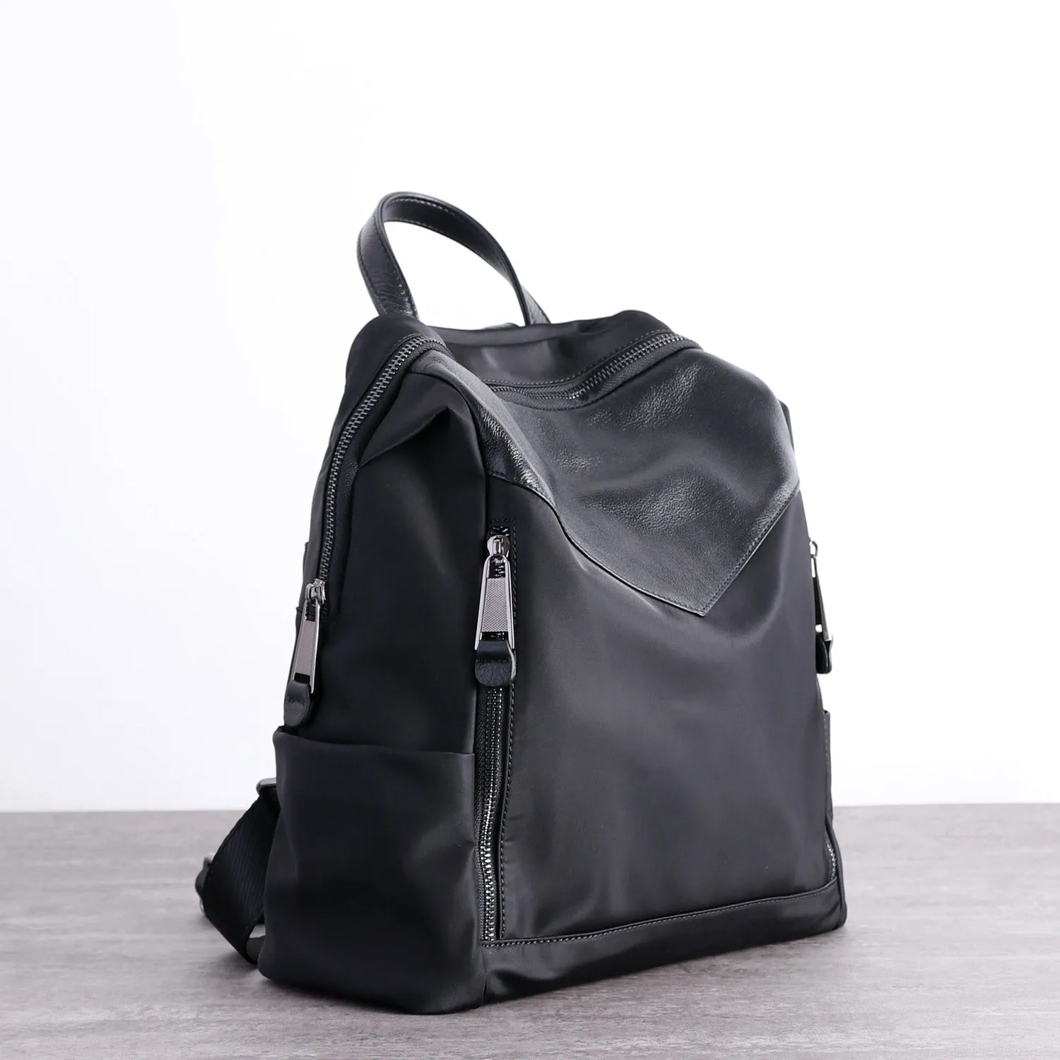 Black Nylon Leather Satchel Rucksack Womens School Backpacks Bag Nylon Leather Travel Rucksack for Ladies