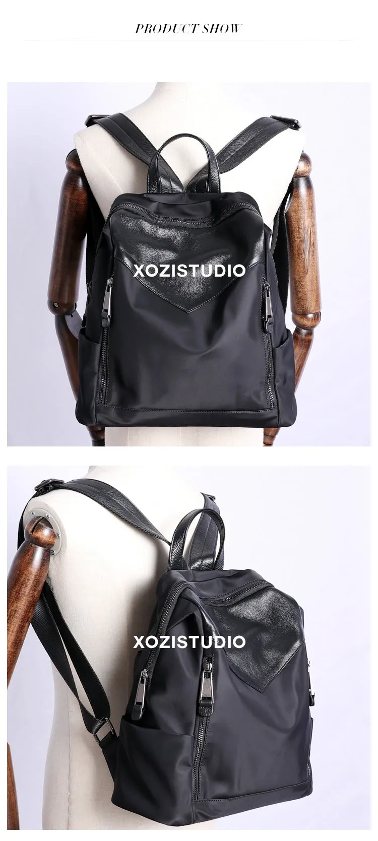 Black Nylon Leather Satchel Rucksack Womens School Backpacks Bag Nylon Leather Travel Rucksack for Ladies