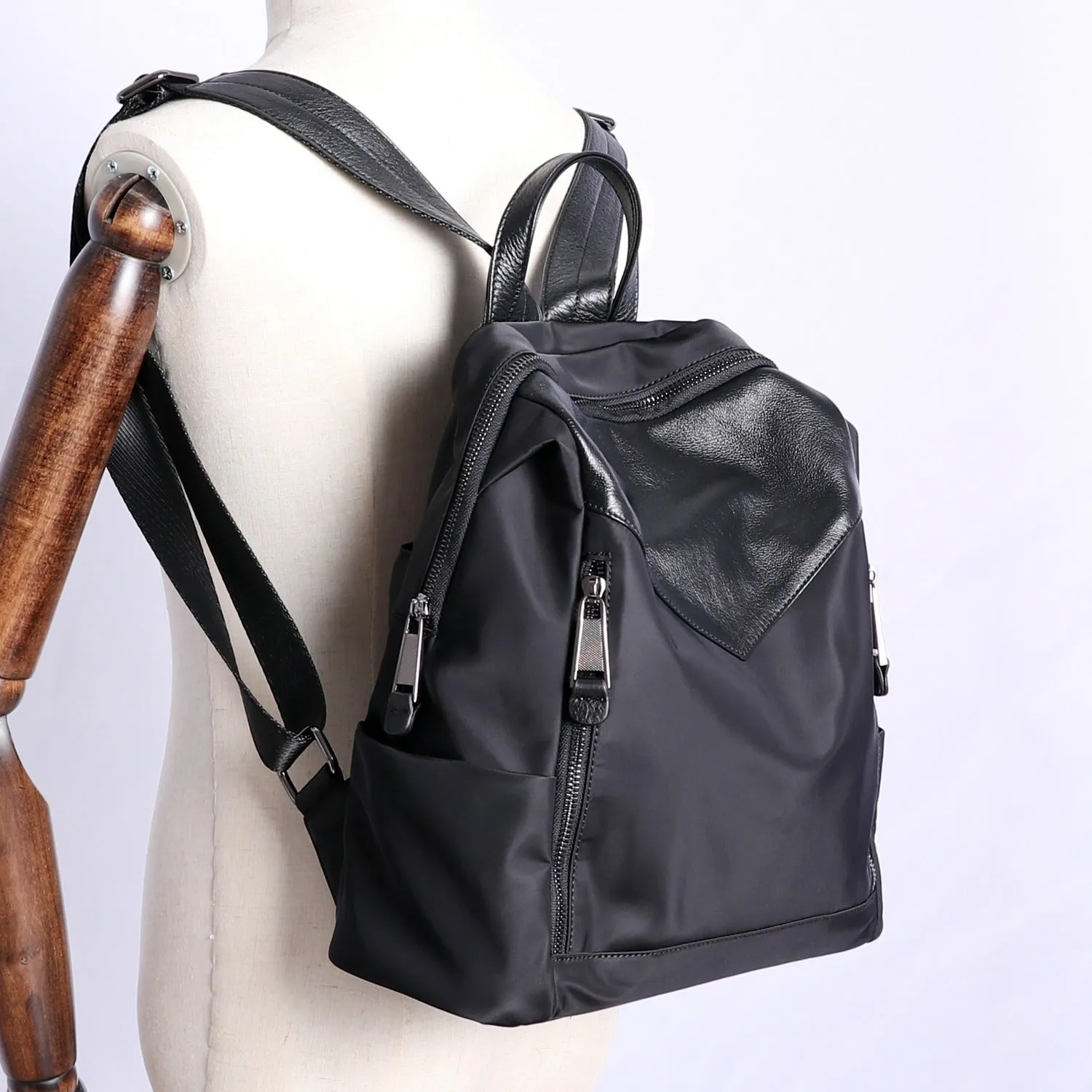Black Nylon Leather Satchel Rucksack Womens School Backpacks Bag Nylon Leather Travel Rucksack for Ladies
