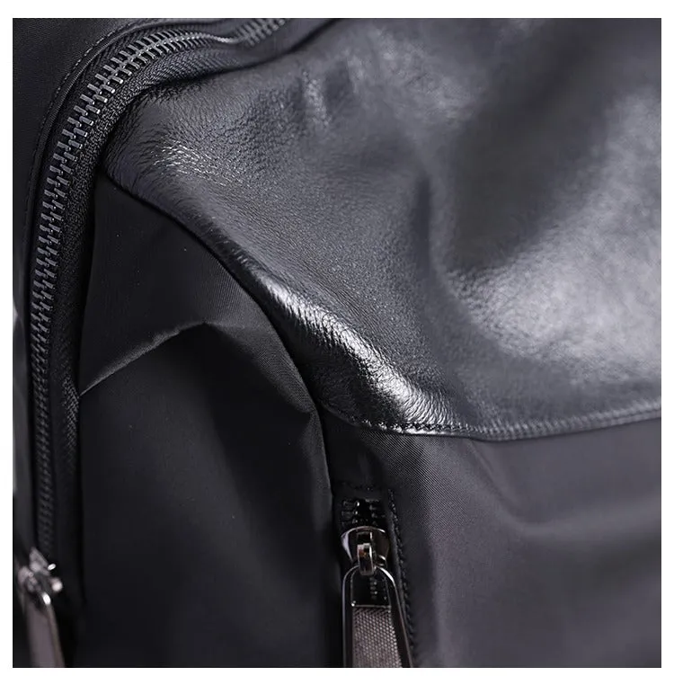 Black Nylon Leather Satchel Rucksack Womens School Backpacks Bag Nylon Leather Travel Rucksack for Ladies