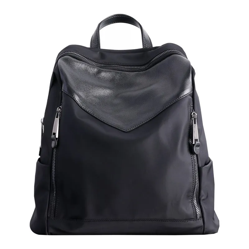 Black Nylon Leather Satchel Rucksack Womens School Backpacks Bag Nylon Leather Travel Rucksack for Ladies