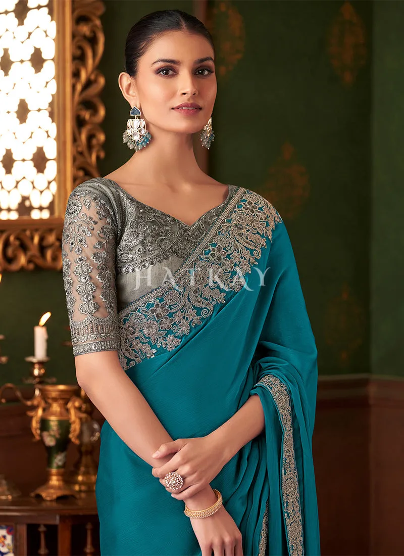 Blue And Grey Embroidery Designer Saree