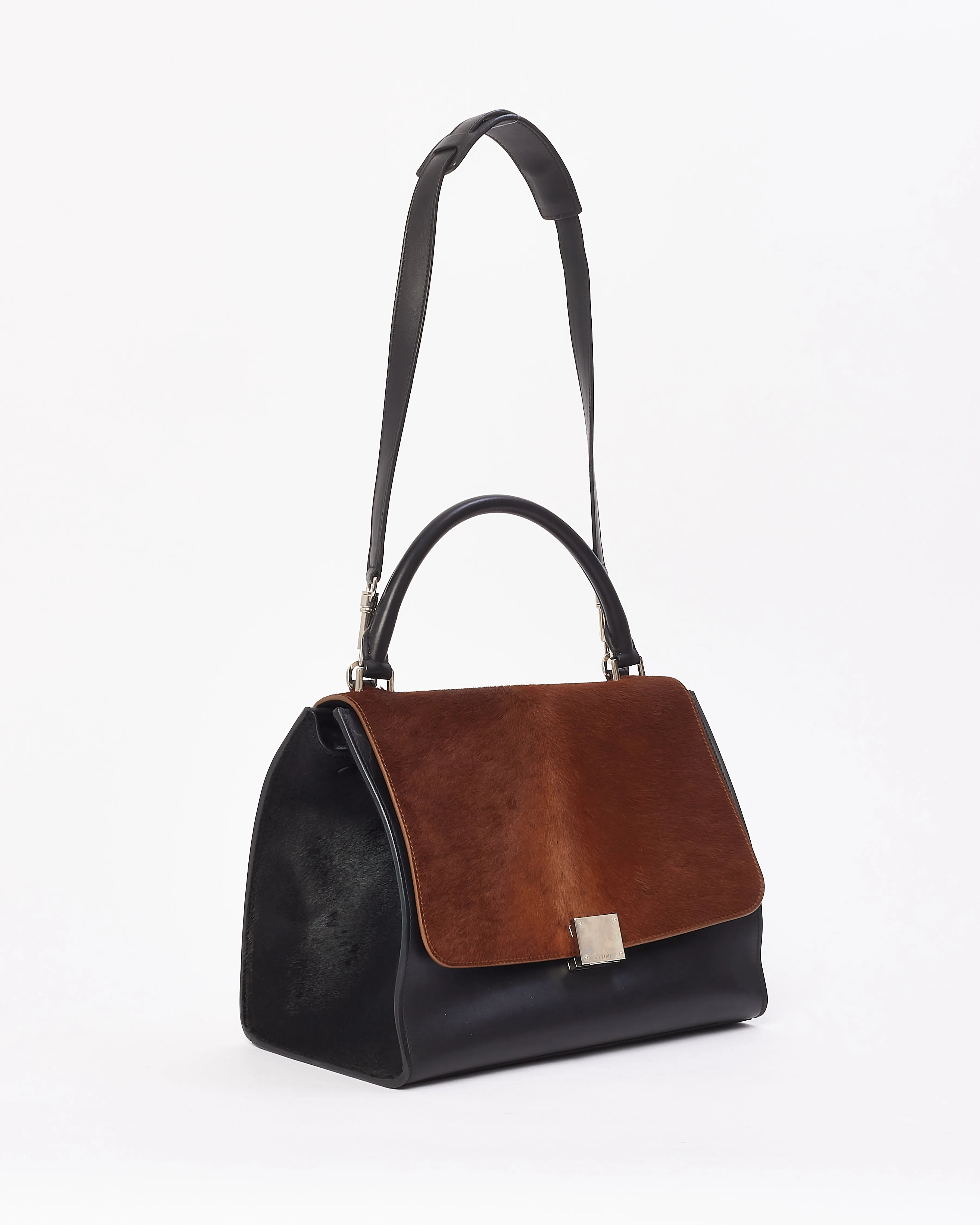 Celine Brown & Black Pony Hair & Leather Medium Trapeze Bag