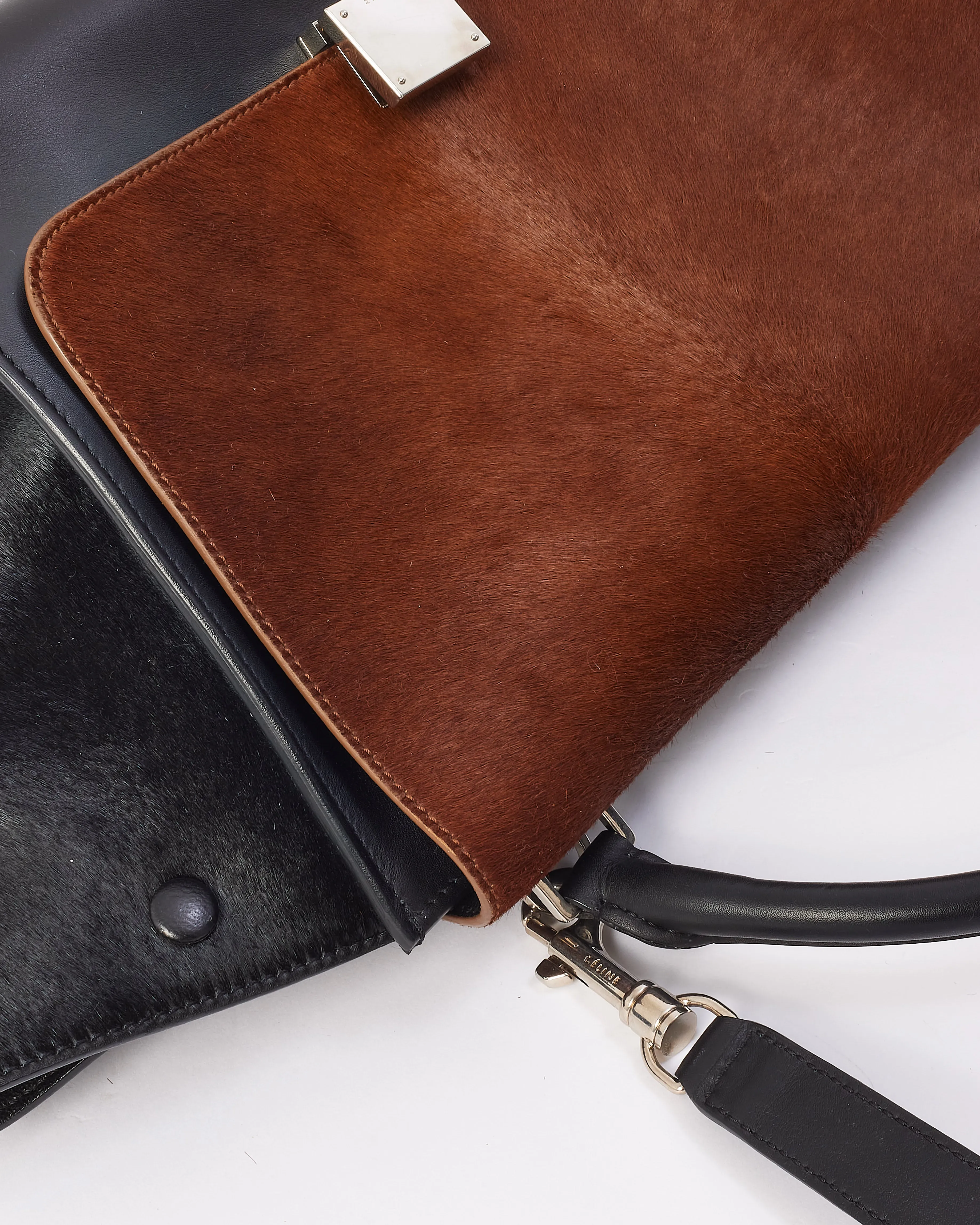 Celine Brown & Black Pony Hair & Leather Medium Trapeze Bag