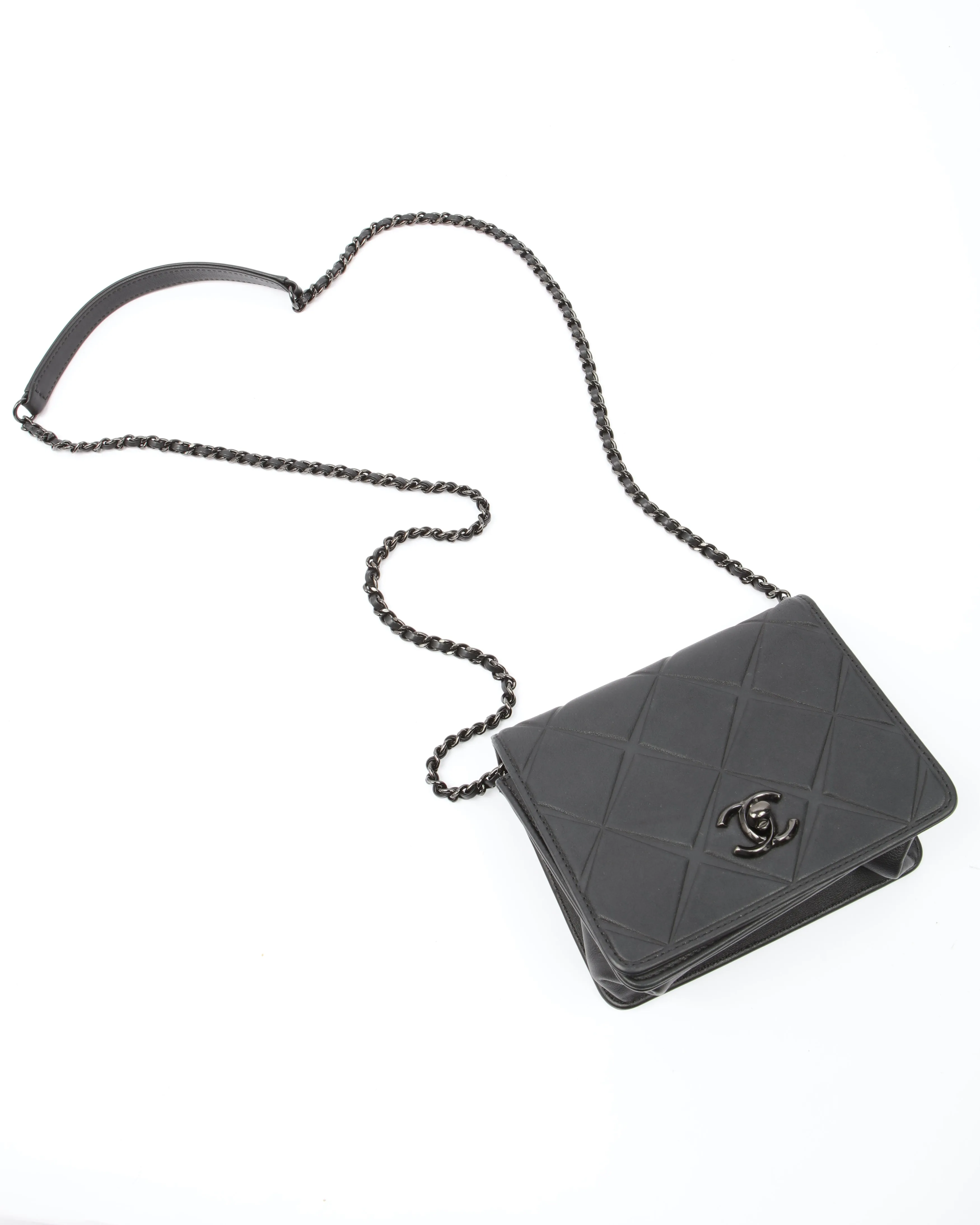 Chanel All Black Propeller Leather Square Very Debossed Chain Crossbody Bag