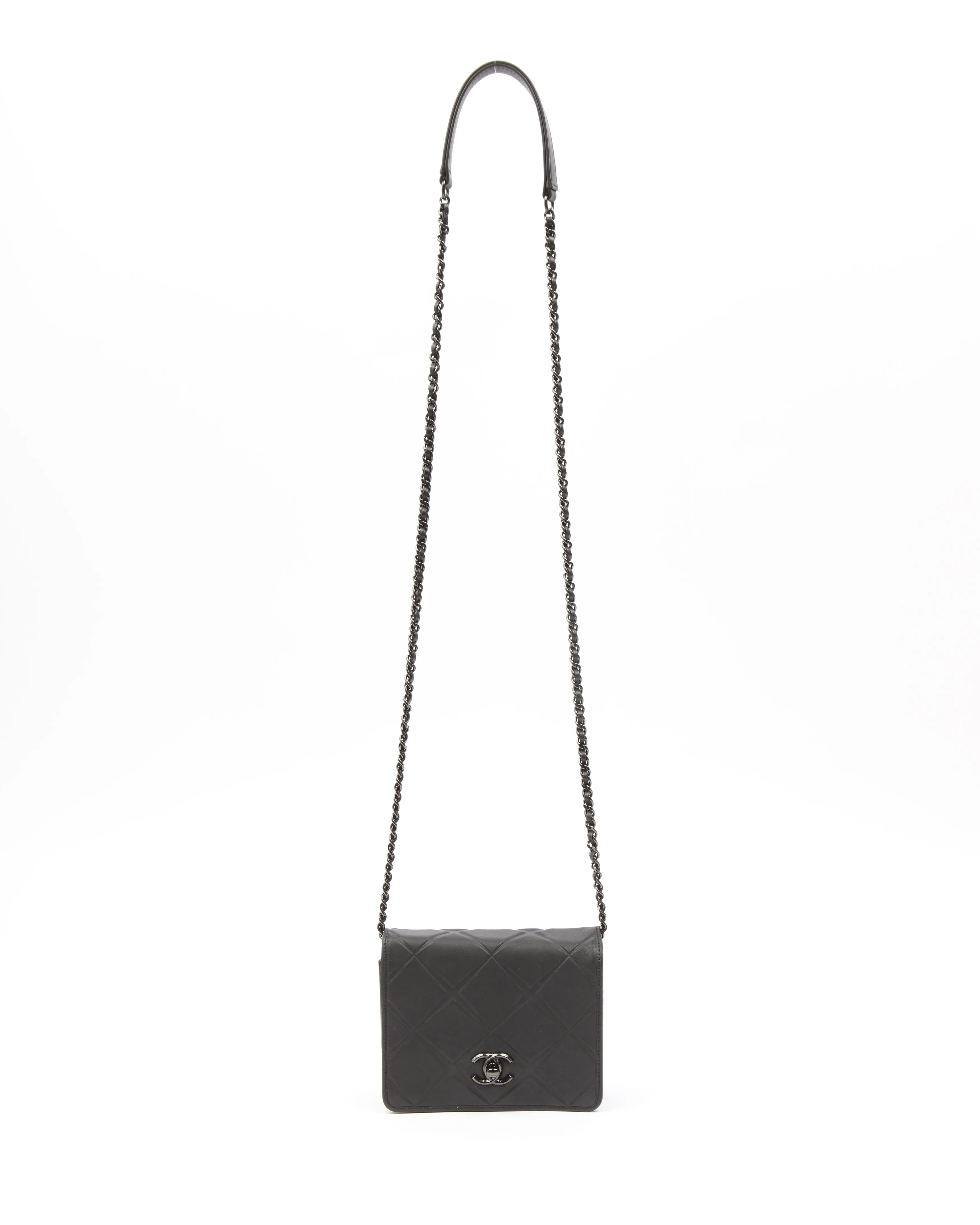 Chanel All Black Propeller Leather Square Very Debossed Chain Crossbody Bag