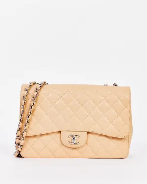 Chanel Beige Quilted Caviar Leather Jumbo Single Flap Bag with Silver Hardware