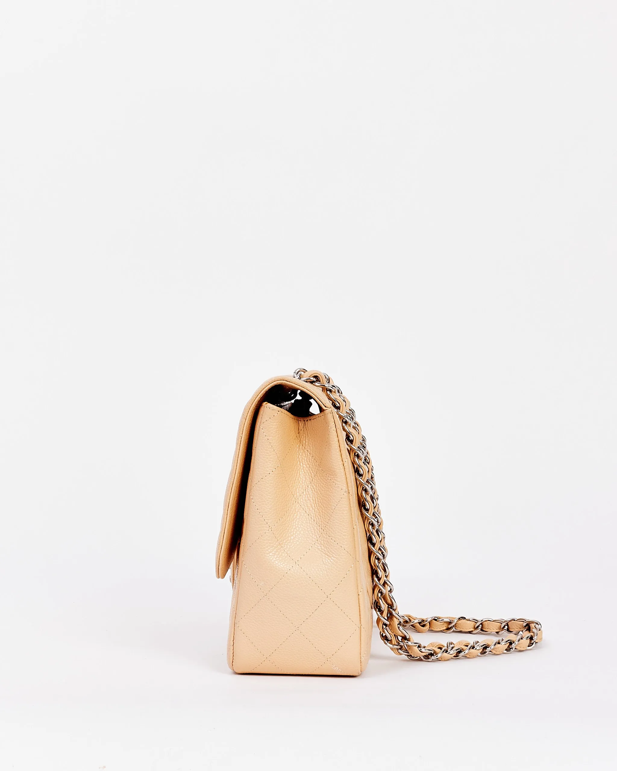 Chanel Beige Quilted Caviar Leather Jumbo Single Flap Bag with Silver Hardware
