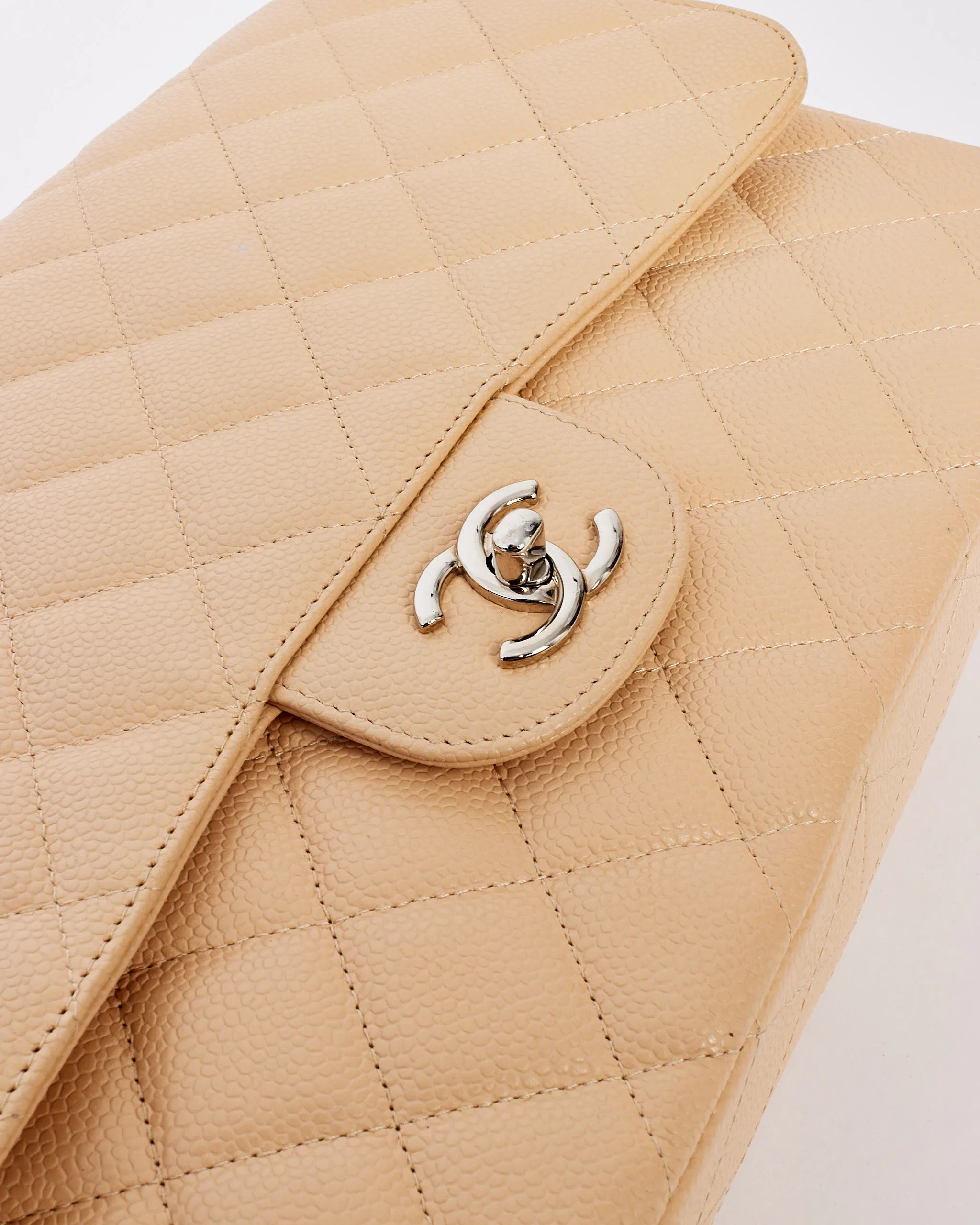 Chanel Beige Quilted Caviar Leather Jumbo Single Flap Bag with Silver Hardware