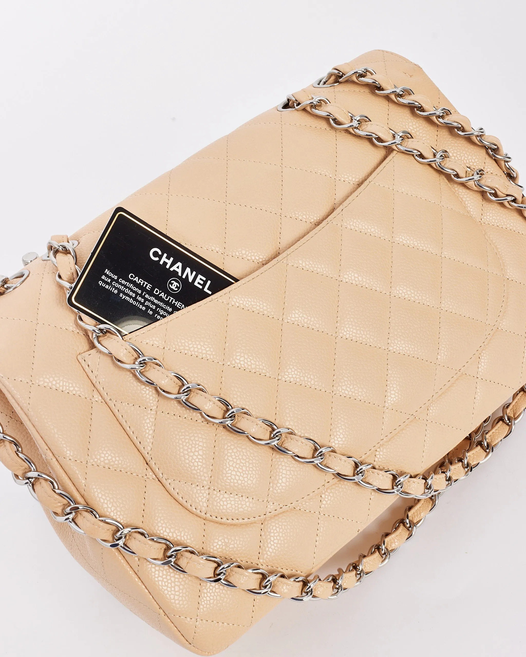 Chanel Beige Quilted Caviar Leather Jumbo Single Flap Bag with Silver Hardware