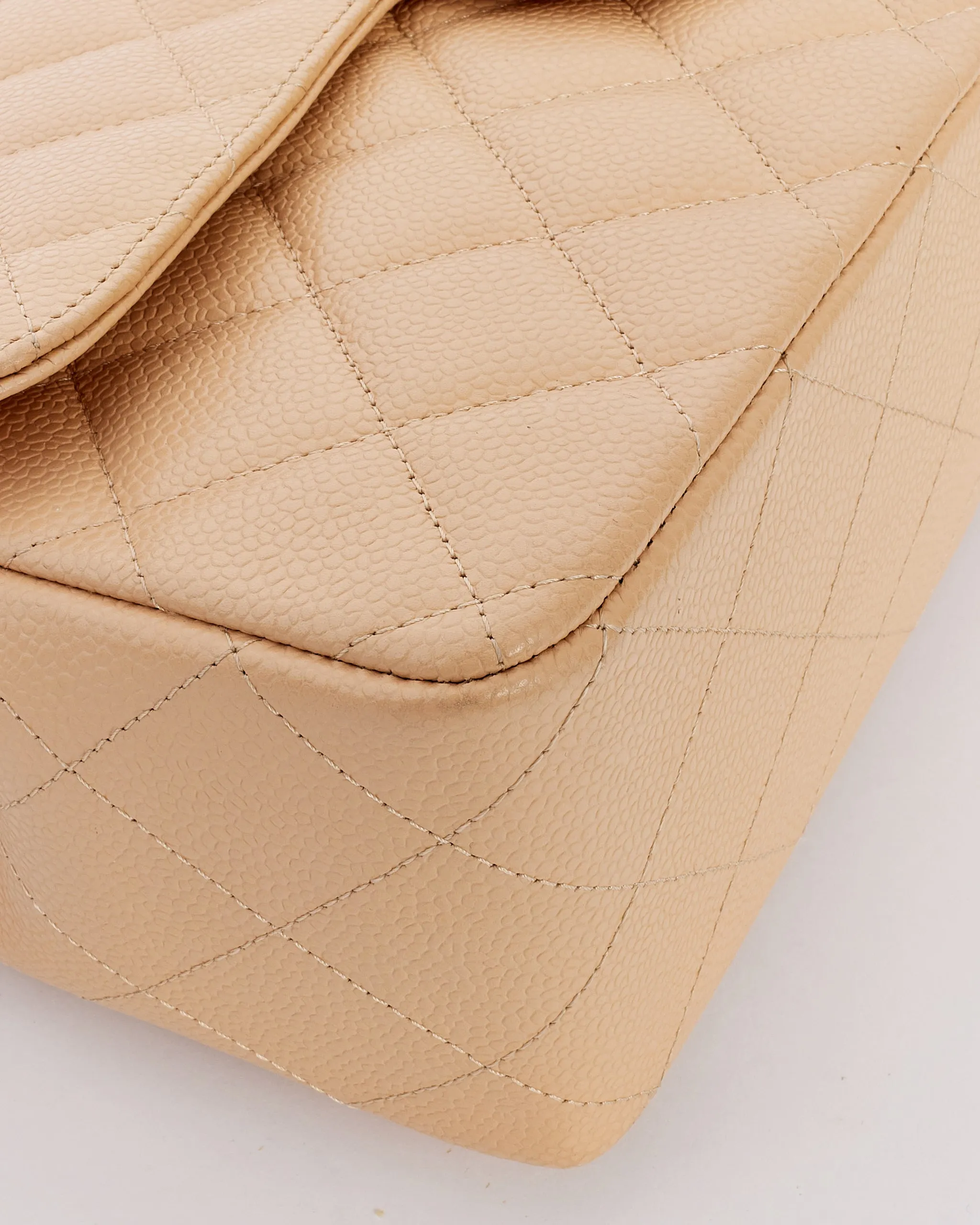 Chanel Beige Quilted Caviar Leather Jumbo Single Flap Bag with Silver Hardware
