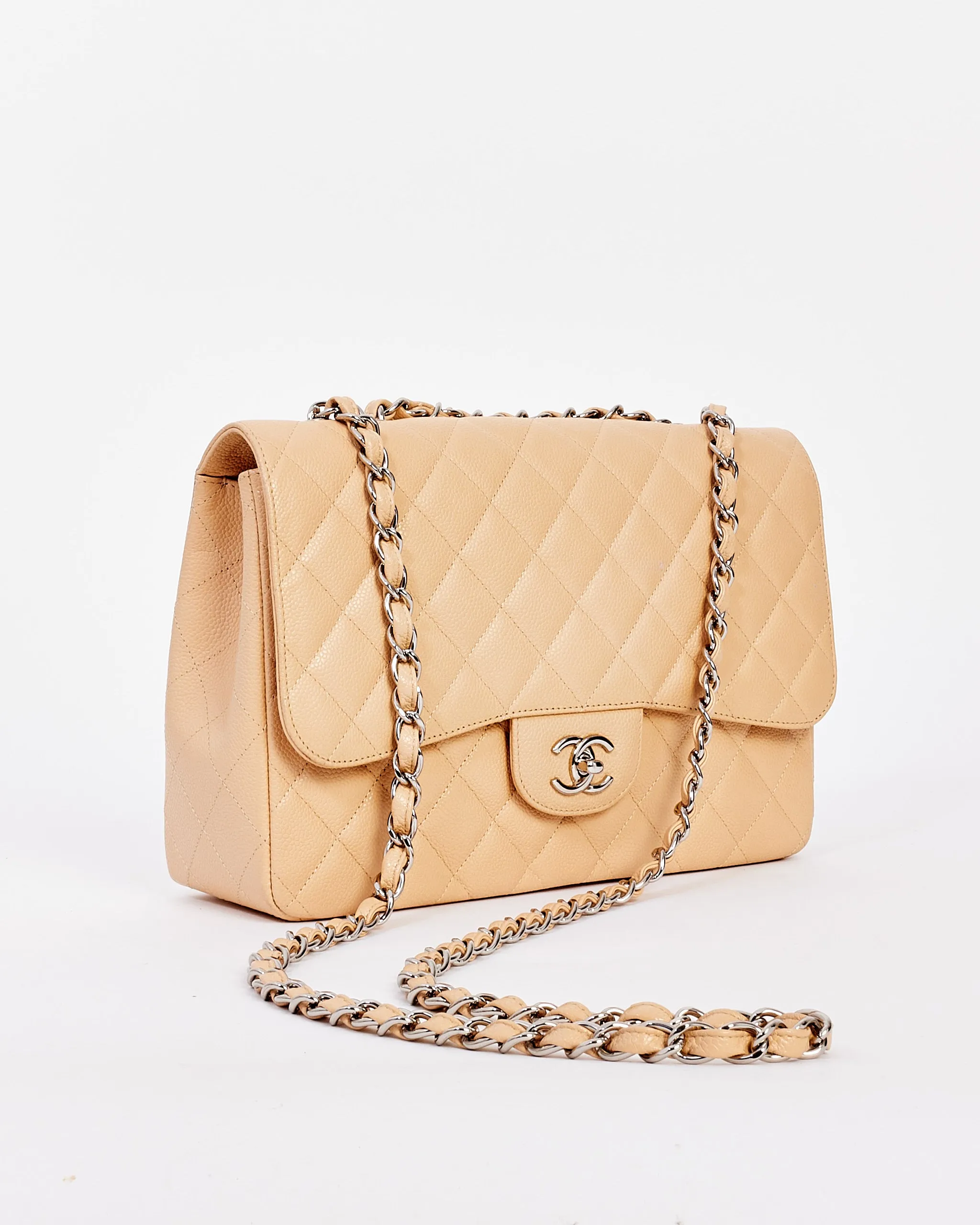 Chanel Beige Quilted Caviar Leather Jumbo Single Flap Bag with Silver Hardware