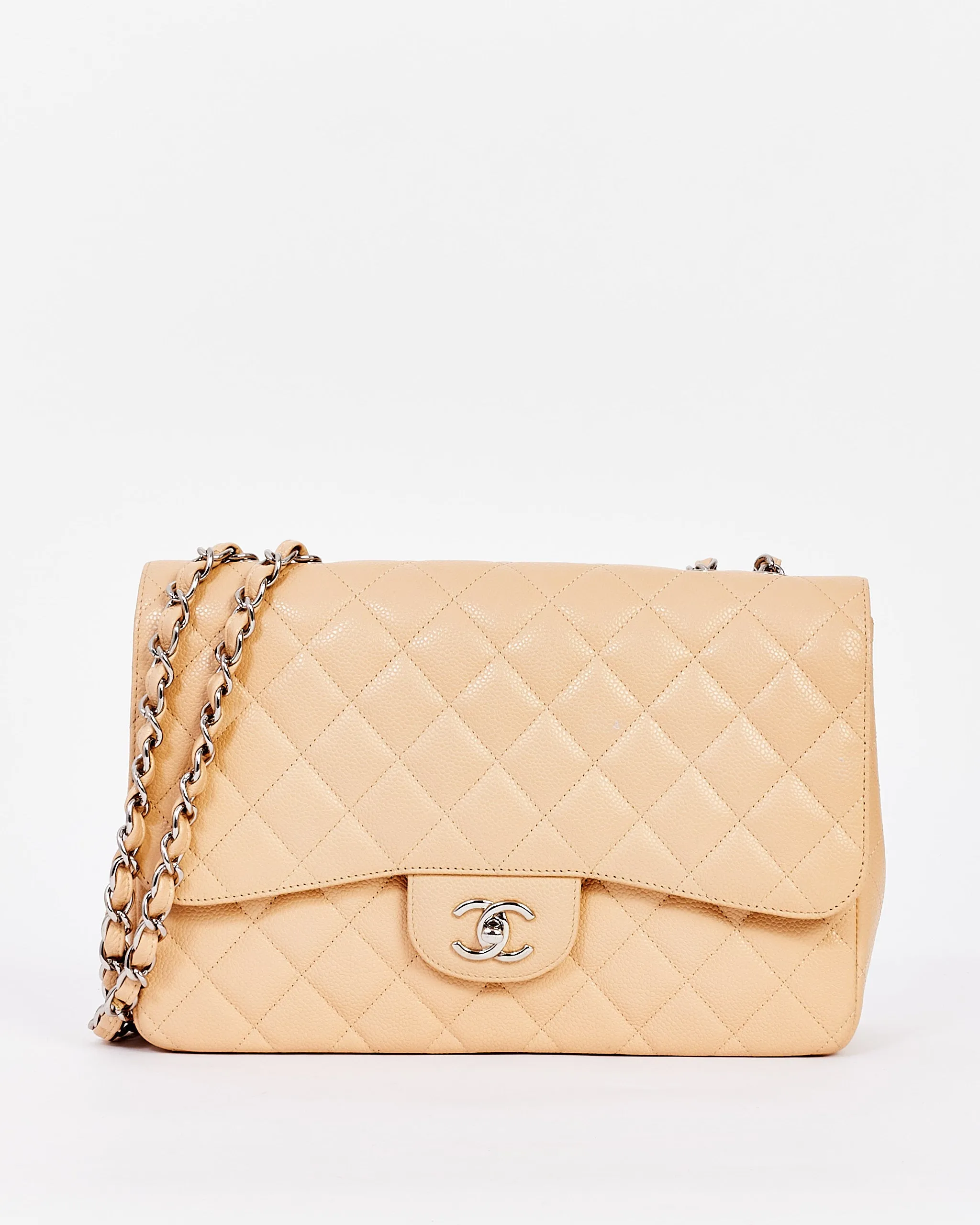 Chanel Beige Quilted Caviar Leather Jumbo Single Flap Bag with Silver Hardware