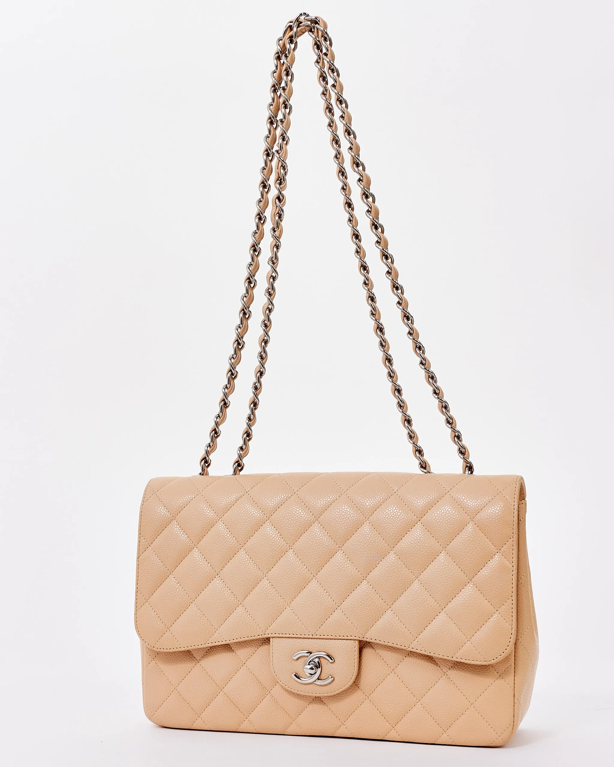 Chanel Beige Quilted Caviar Leather Jumbo Single Flap Bag with Silver Hardware