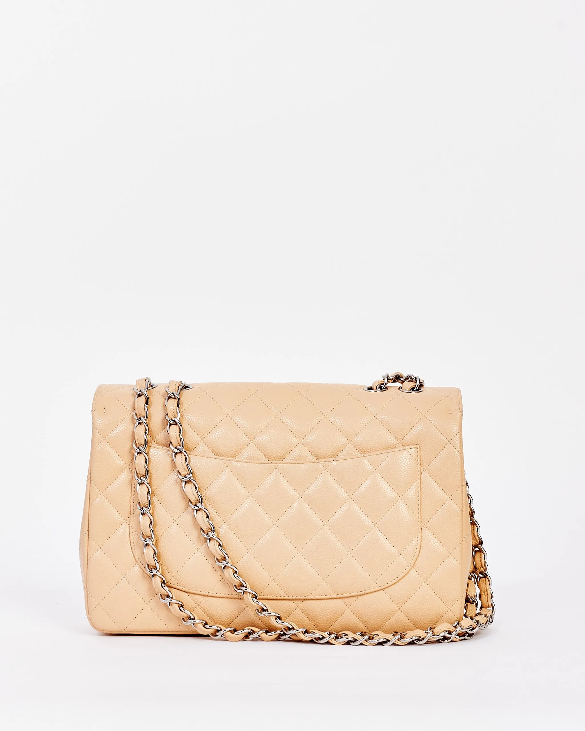 Chanel Beige Quilted Caviar Leather Jumbo Single Flap Bag with Silver Hardware