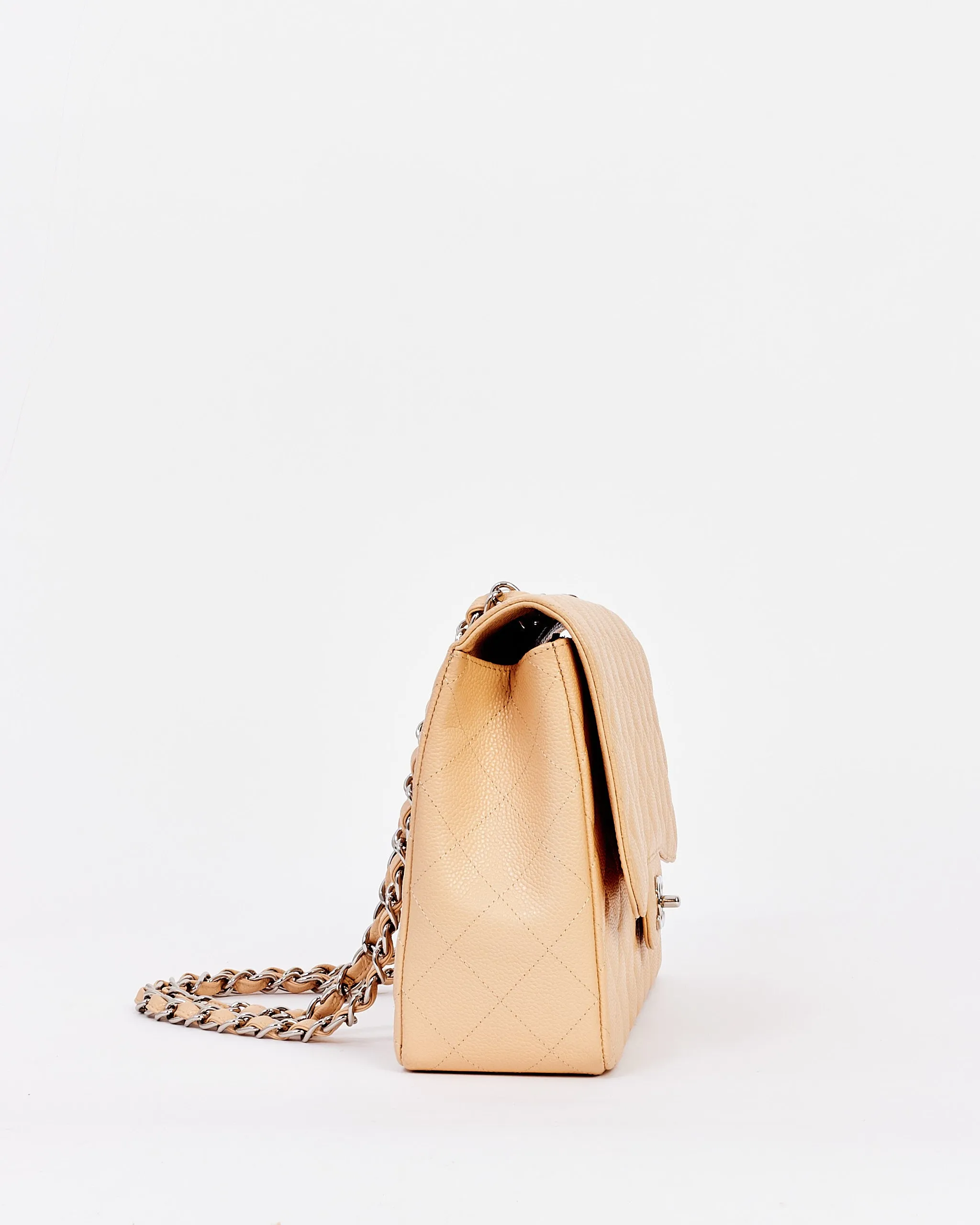 Chanel Beige Quilted Caviar Leather Jumbo Single Flap Bag with Silver Hardware