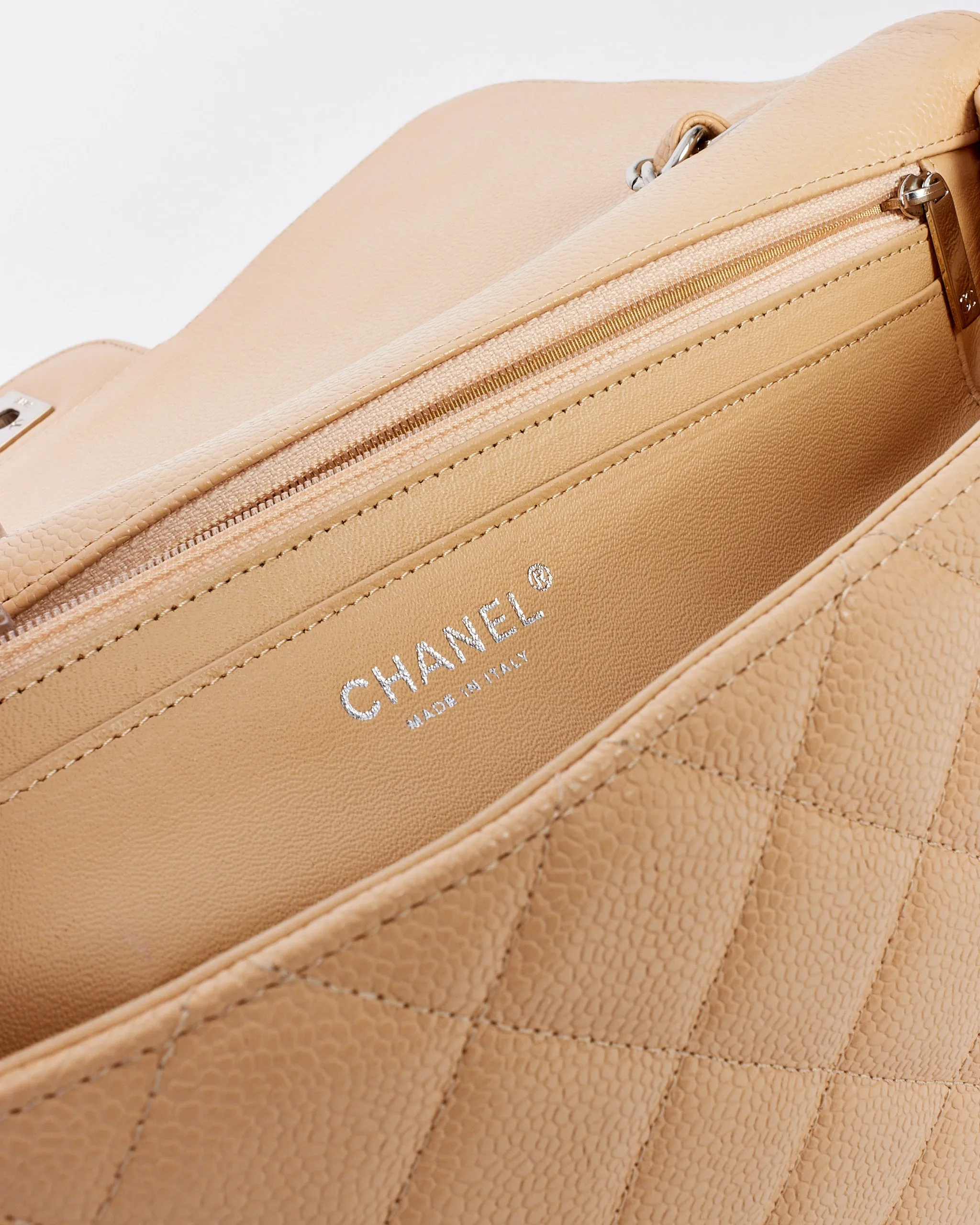 Chanel Beige Quilted Caviar Leather Jumbo Single Flap Bag with Silver Hardware