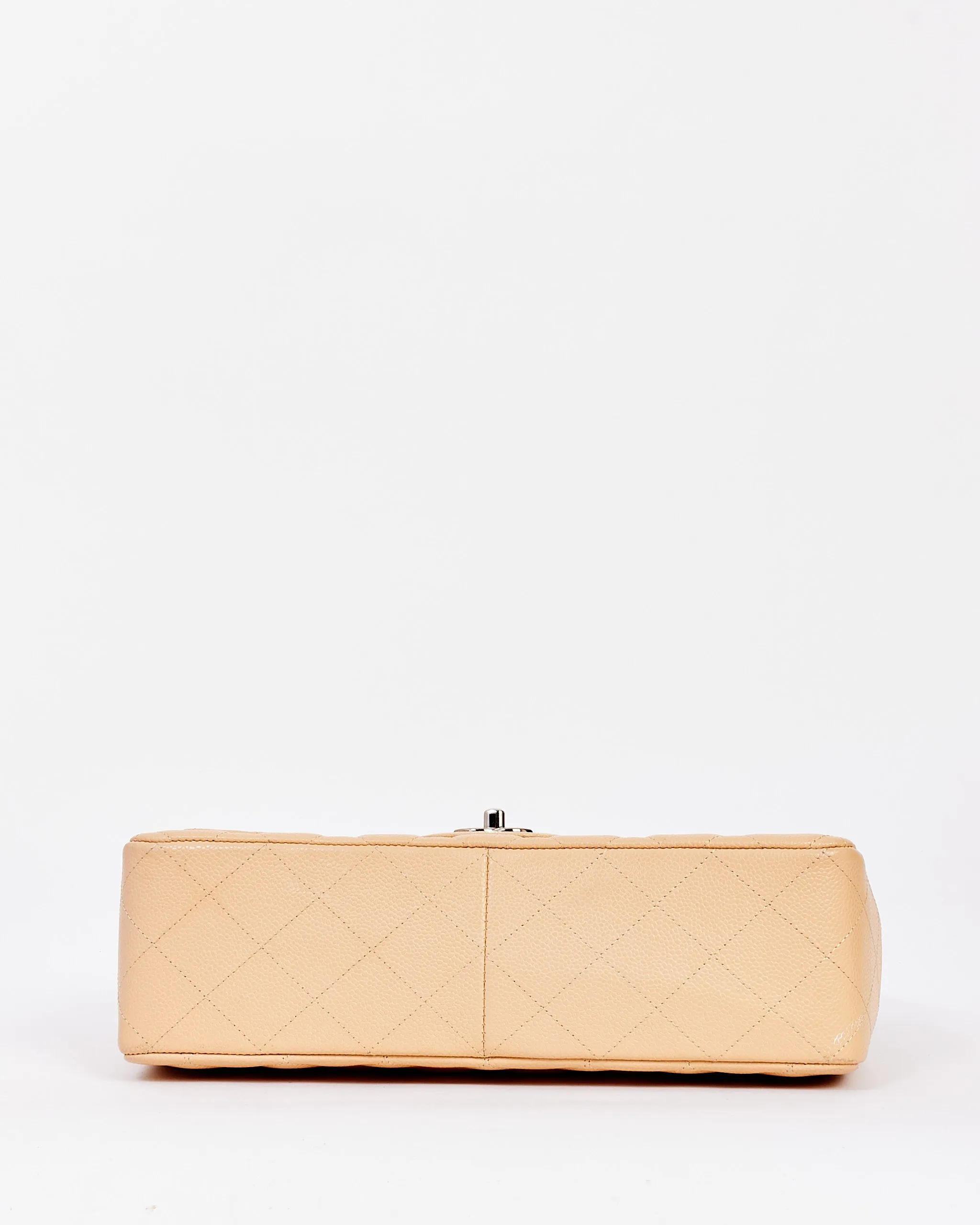 Chanel Beige Quilted Caviar Leather Jumbo Single Flap Bag with Silver Hardware