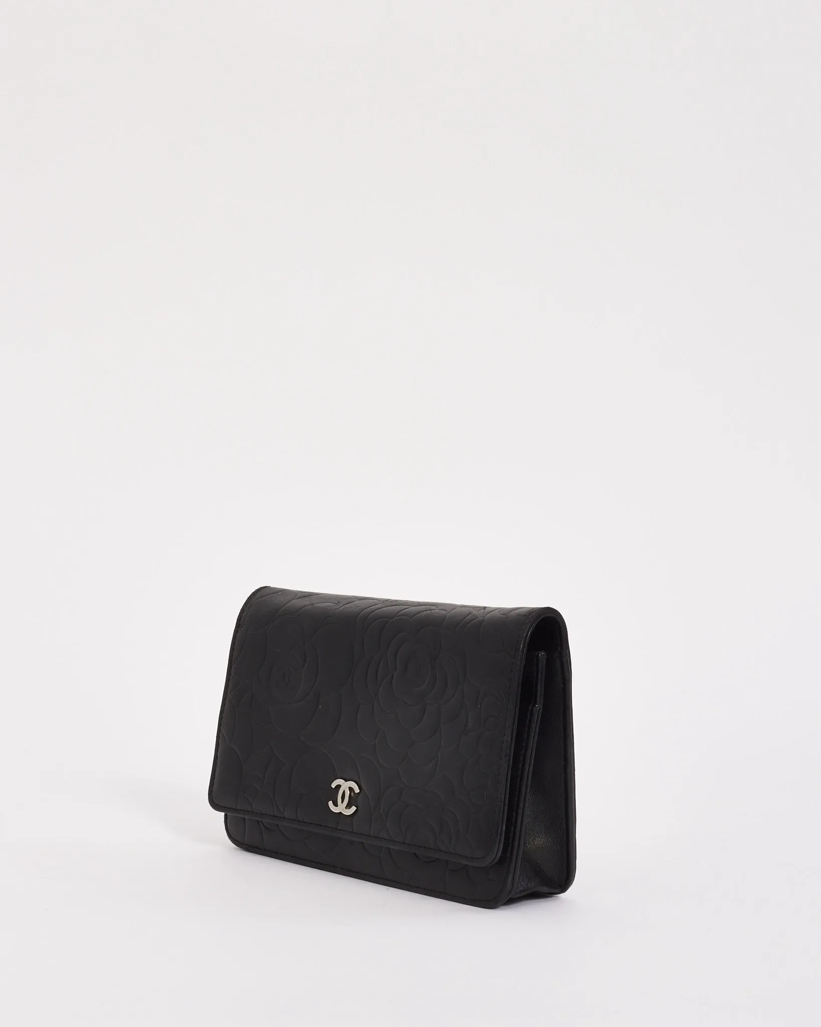 Chanel Black Lambskin Leather Camellia Embossed Wallet on Chain