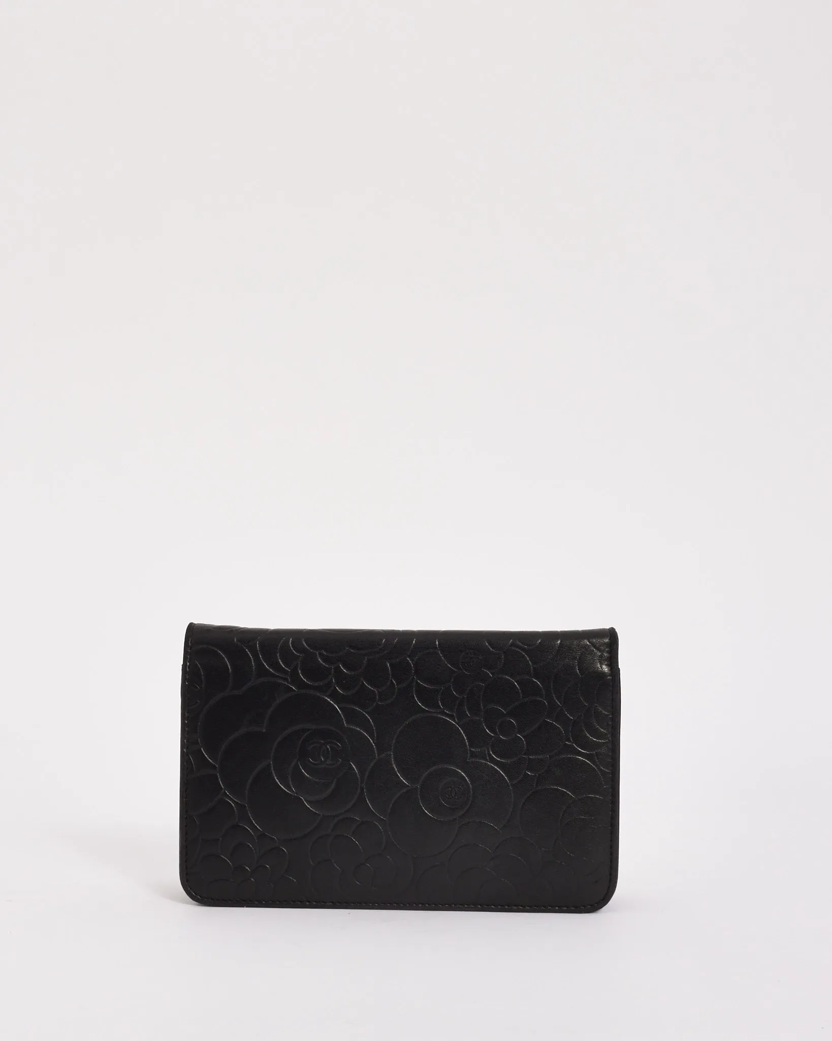 Chanel Black Lambskin Leather Camellia Embossed Wallet on Chain