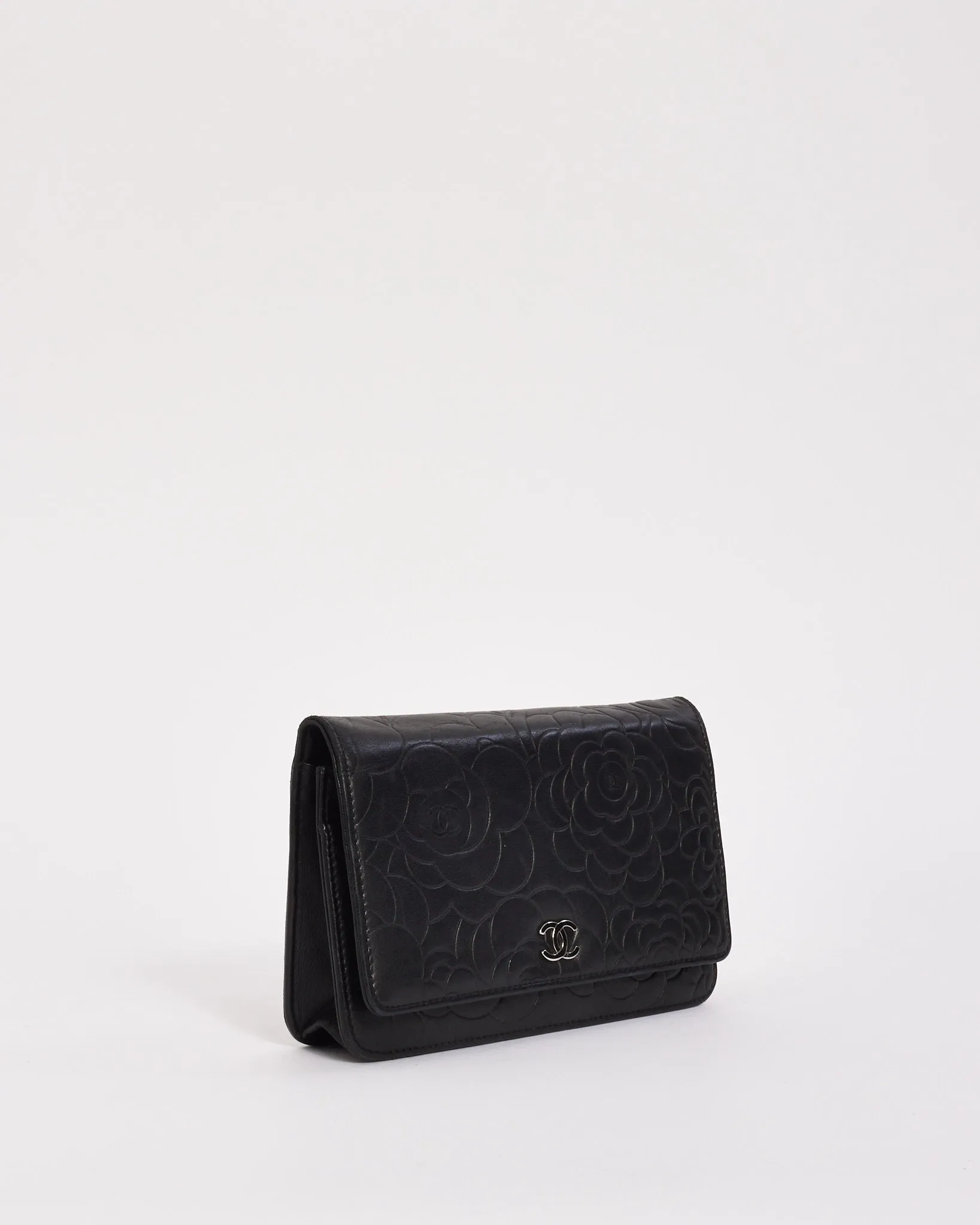 Chanel Black Lambskin Leather Camellia Embossed Wallet on Chain