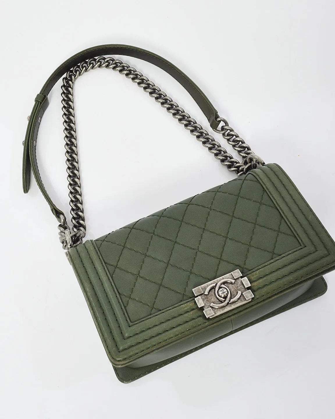 Chanel Dark Green Quillted Leather Old Medium Boy Bag