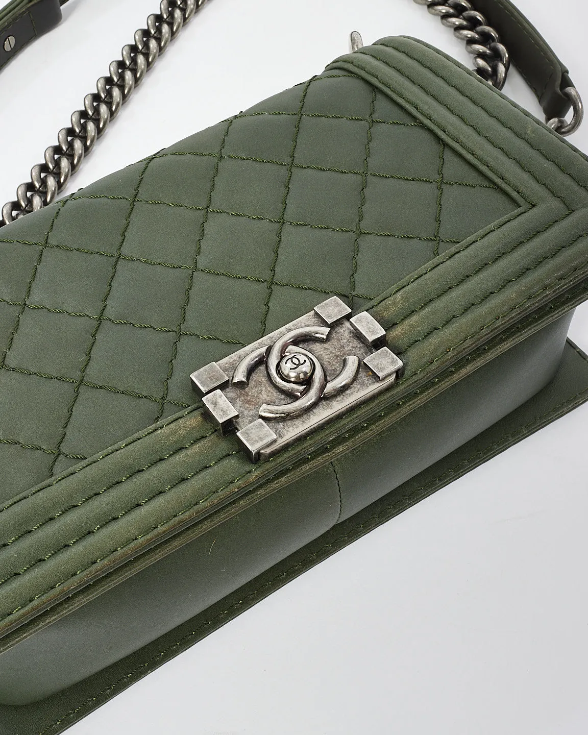 Chanel Dark Green Quillted Leather Old Medium Boy Bag