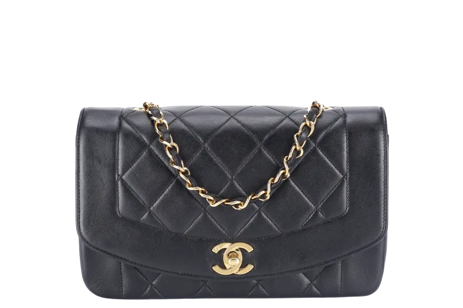 CHANEL DIANA MATELASSE SMALL(283xxx) BLACK LAMBSKIN LEATHER GOLD HARDWARE WITH DUST COVER