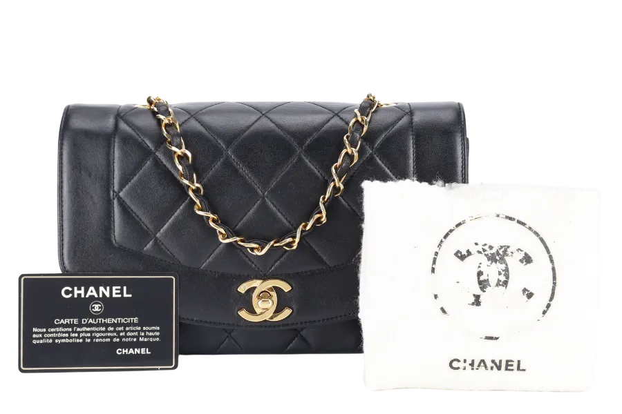 CHANEL DIANA MATELASSE SMALL(283xxx) BLACK LAMBSKIN LEATHER GOLD HARDWARE WITH DUST COVER