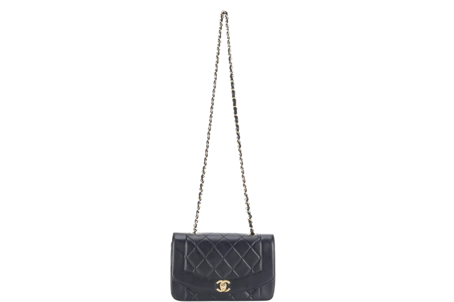 CHANEL DIANA MATELASSE SMALL(283xxx) BLACK LAMBSKIN LEATHER GOLD HARDWARE WITH DUST COVER