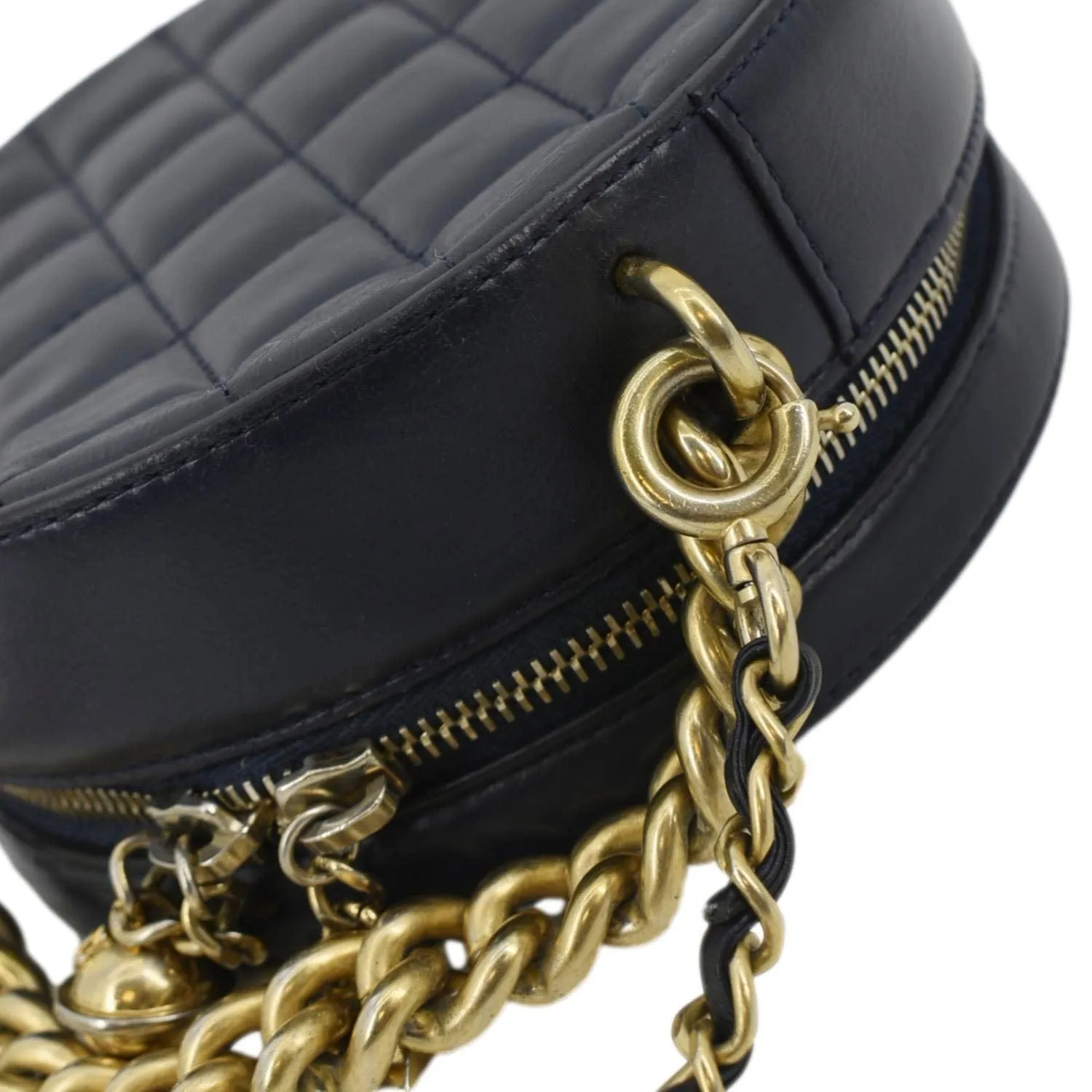 CHANEL Glazed Round As Earth Leather Evening Crossbody Bag Navy Blue