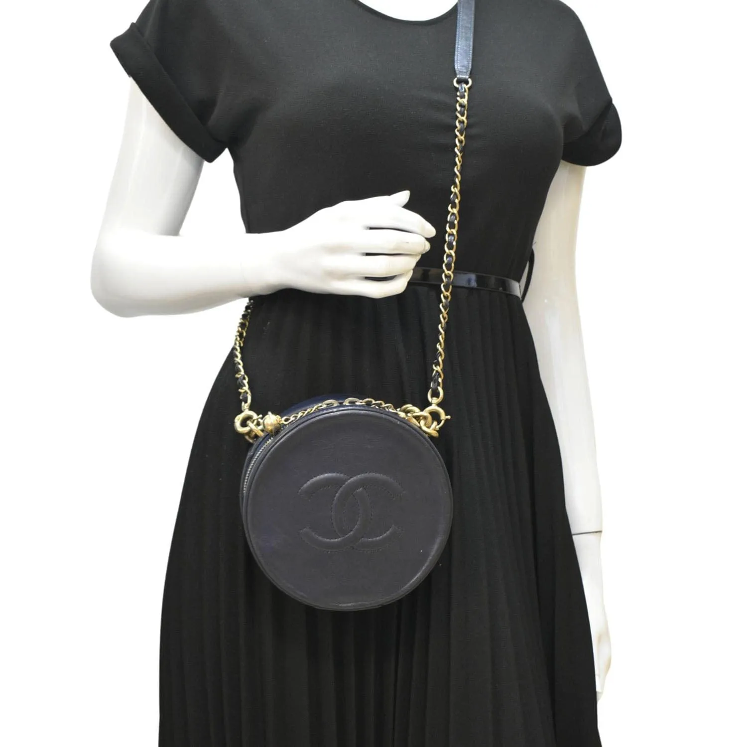 CHANEL Glazed Round As Earth Leather Evening Crossbody Bag Navy Blue
