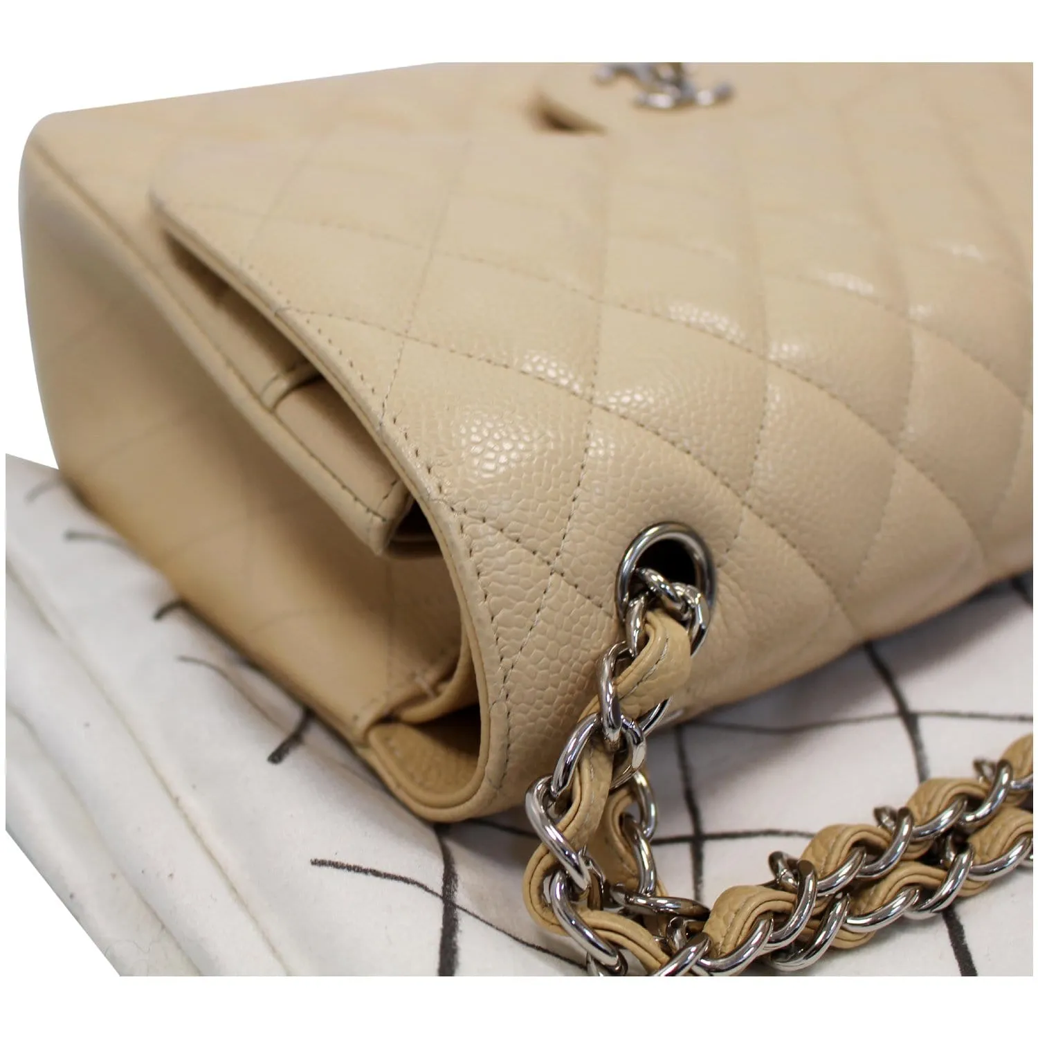 CHANEL Jumbo Double Flap Caviar Leather Shoulder Bag Beige