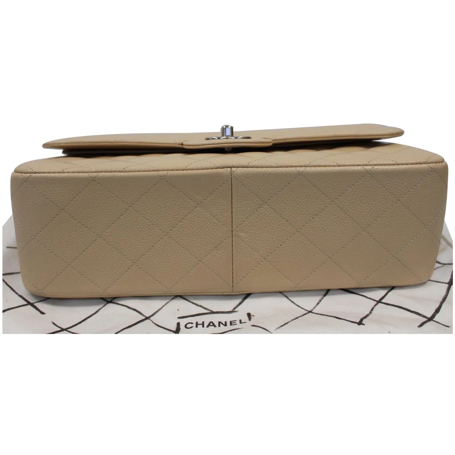 CHANEL Jumbo Double Flap Caviar Leather Shoulder Bag Beige