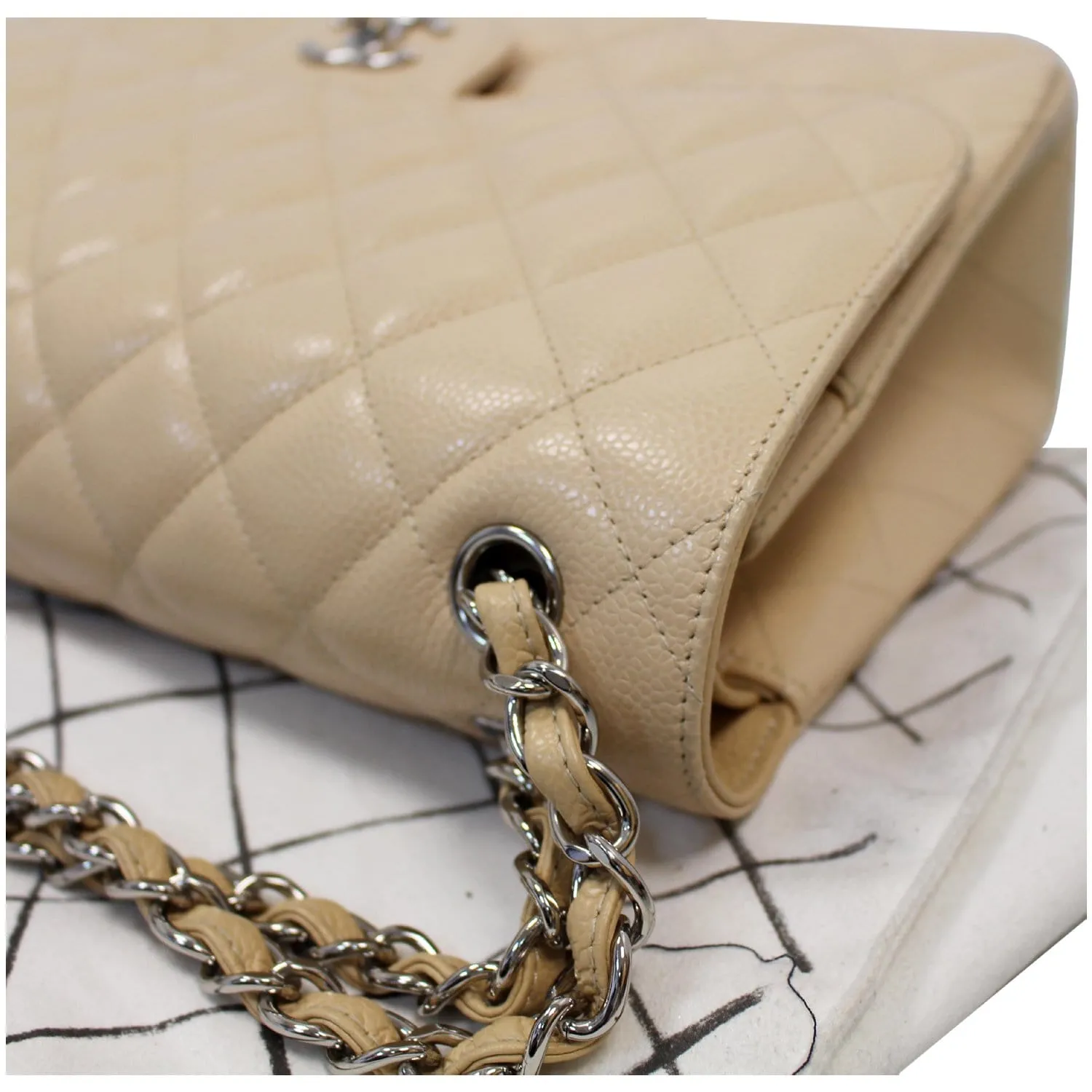 CHANEL Jumbo Double Flap Caviar Leather Shoulder Bag Beige