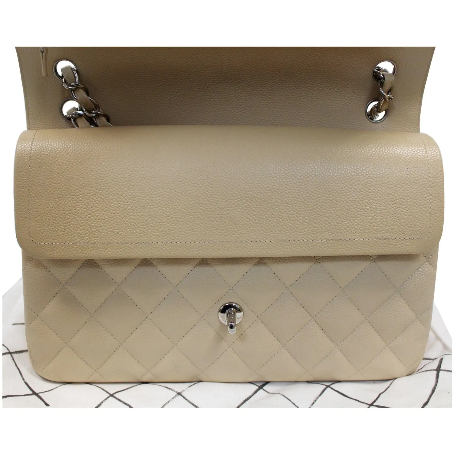 CHANEL Jumbo Double Flap Caviar Leather Shoulder Bag Beige