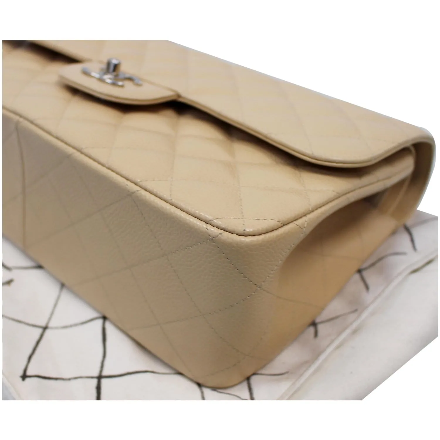 CHANEL Jumbo Double Flap Caviar Leather Shoulder Bag Beige