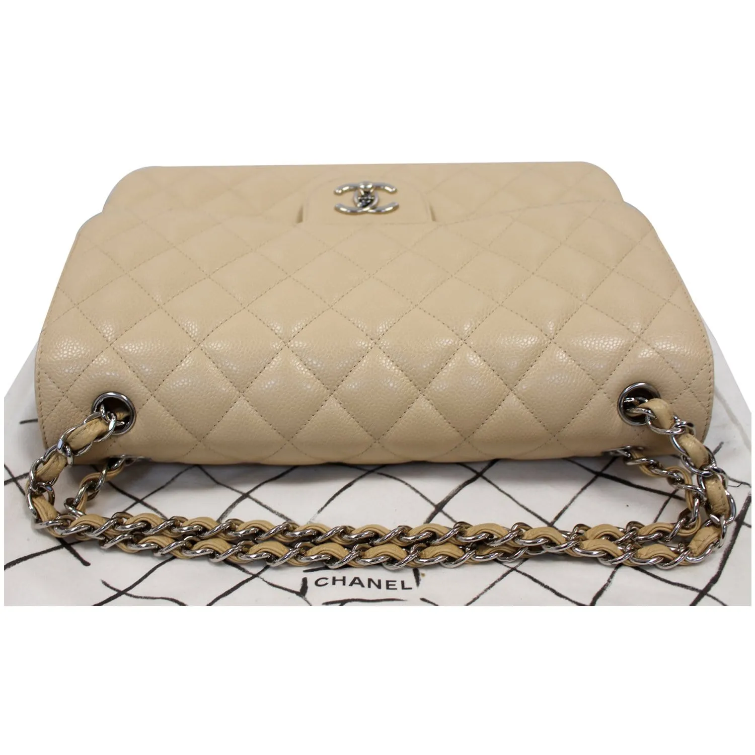 CHANEL Jumbo Double Flap Caviar Leather Shoulder Bag Beige