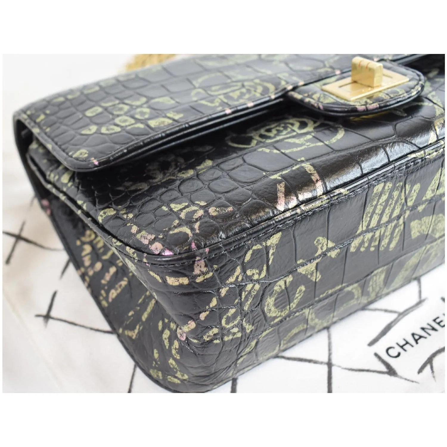 CHANEL Reissue 2.55 Flap Crocodile Embossed Graffiti Shoulder Bag Black