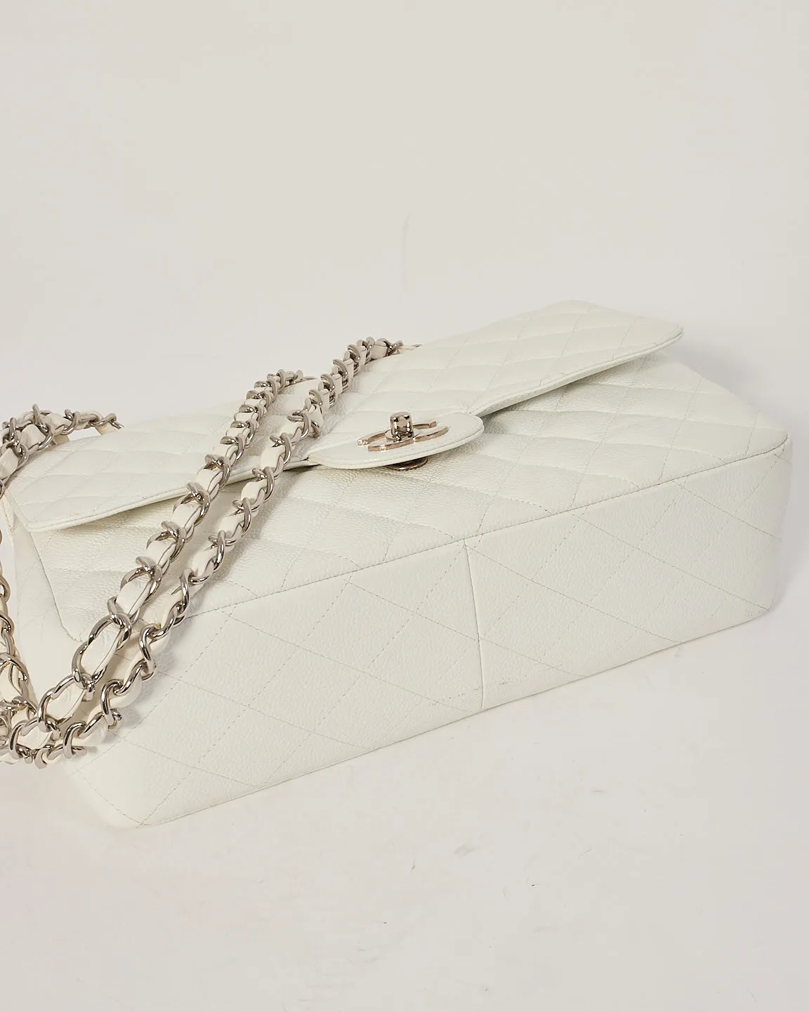 Chanel White Caviar Leather Jumbo Classic Single Flap Bag