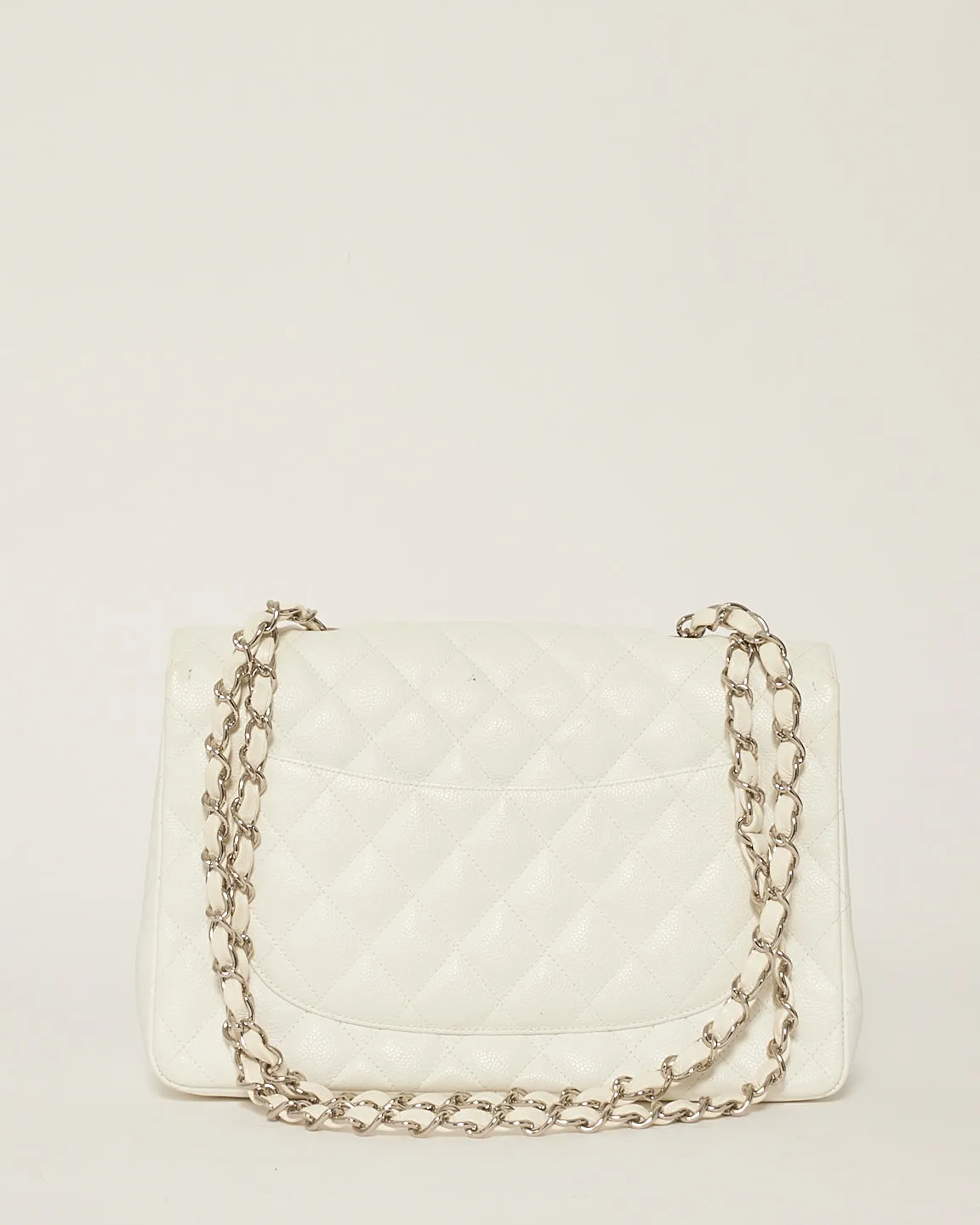 Chanel White Caviar Leather Jumbo Classic Single Flap Bag