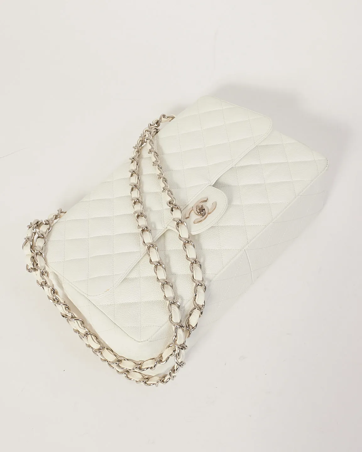 Chanel White Caviar Leather Jumbo Classic Single Flap Bag