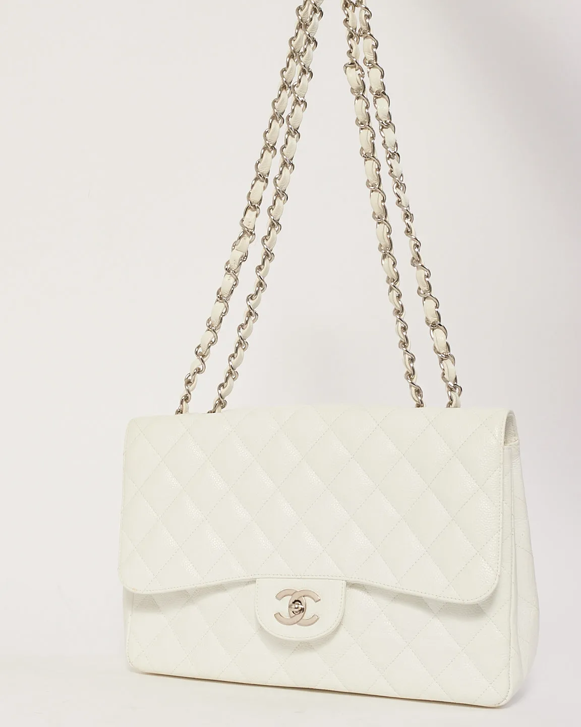 Chanel White Caviar Leather Jumbo Classic Single Flap Bag