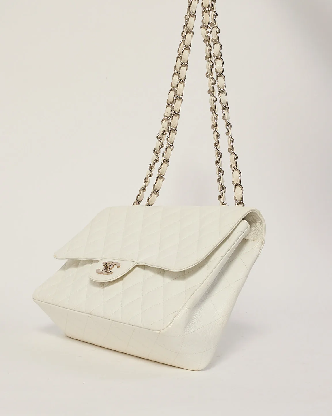Chanel White Caviar Leather Jumbo Classic Single Flap Bag
