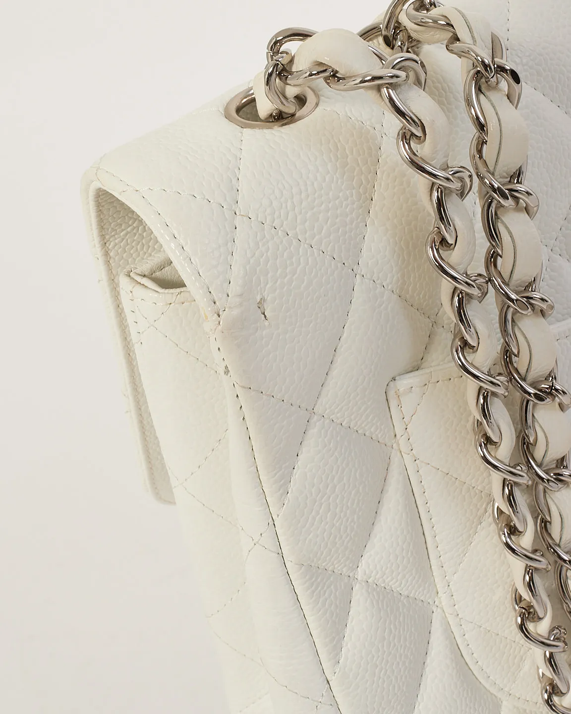 Chanel White Caviar Leather Jumbo Classic Single Flap Bag