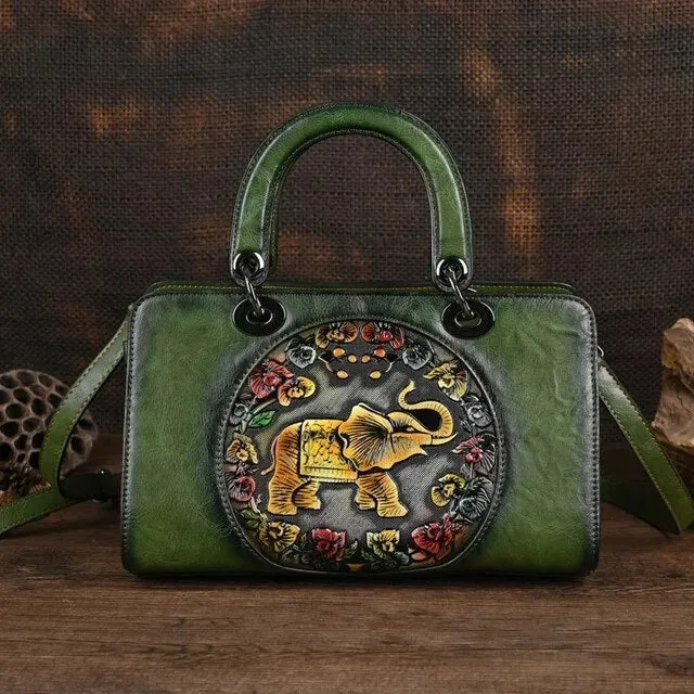 Christianartbag Handmade Leather Bag, Luxury Handbag Vintage Handmade Women Shoulder Bag For Ladies Hand Bags New Vintage Embossed Hand Painted Handmade Handbags Elephant, CABHMB02141023