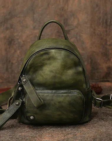 Classic Green Leather Rucksack Bag Womens Compact Leather Backpack Ladies Backpack Purses