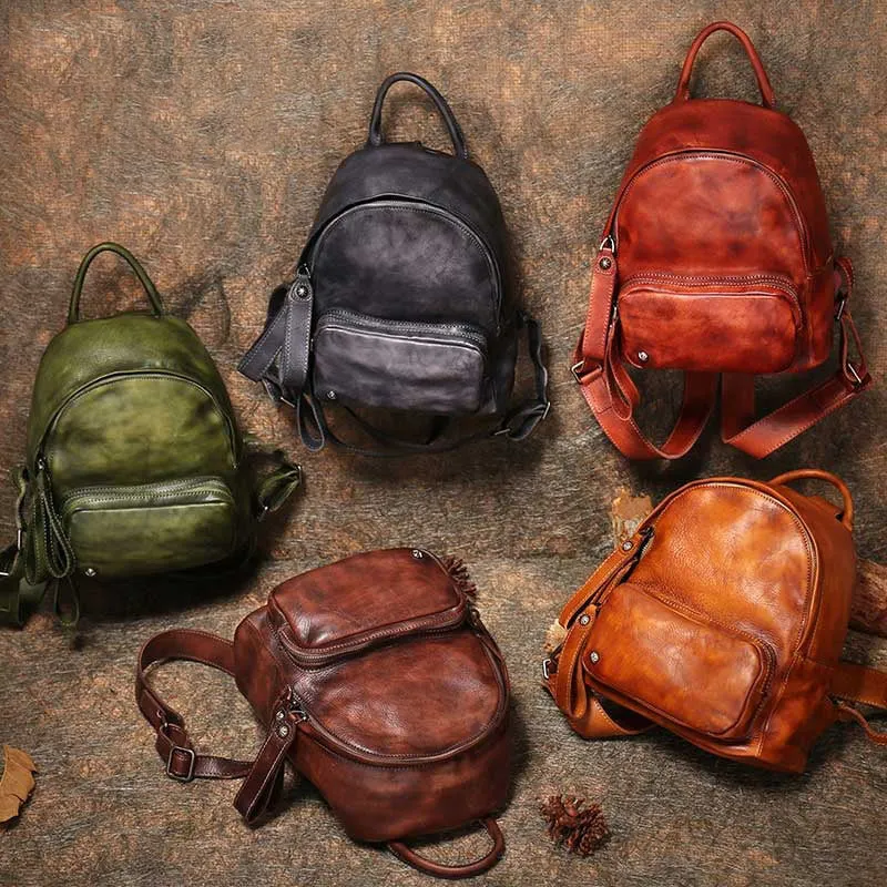 Classic Green Leather Rucksack Bag Womens Compact Leather Backpack Ladies Backpack Purses